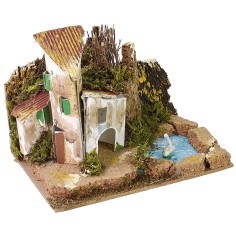Gruppo di casette con stagno per presepe cm 15x10,5 Mondo 2