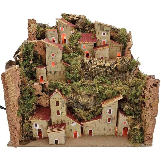 Nativity scene landscape with houses illuminated by LED lights