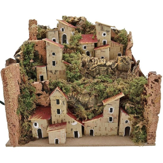 Nativity scene landscape with houses illuminated by LED lights