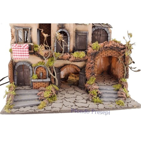 Presepe Napoletano stile 700 con borgo illuminato con fontana