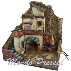 Belén con fuego y luces de 40x29x44 cm. Mondo Presepi.