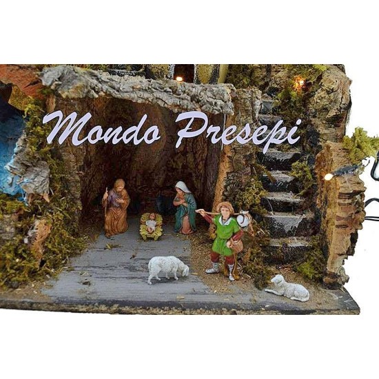Belén con figuras Landi y arroyo con luces de 42x35x38 cm de