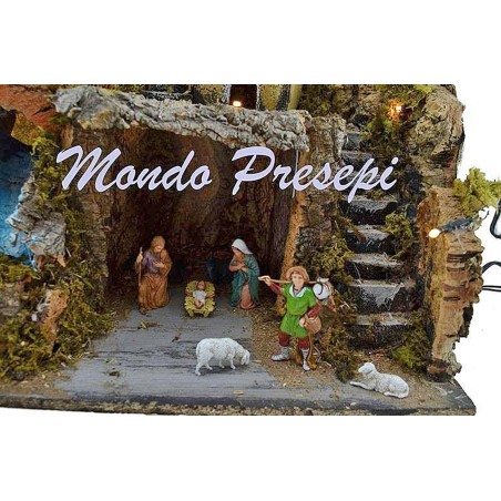Belén con figuras Landi y arroyo con luces de 42x35x38 cm de