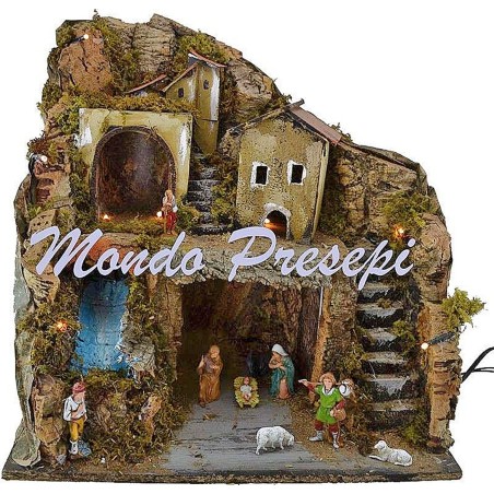 Belén con figuras Landi y arroyo con luces de 42x35x38 cm de
