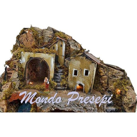 Pesebre con figuras Landi y arroyo luces cm 42x35x38 h. Mundo