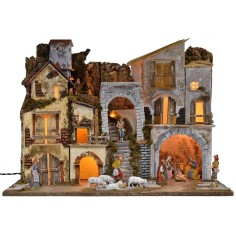 Pesebre iluminado completo con estatuas Landi con aldea y cueva 2