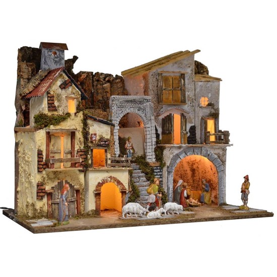 Illuminated nativity scene complete with Landi statues with