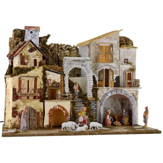 Illuminated nativity scene complete with Landi statues with village and cave