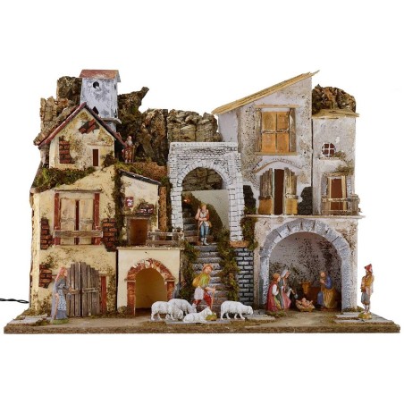 Presepe illuminato completo di statue Landi con borgo e grotta