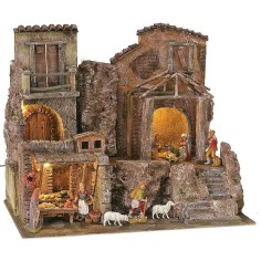 Belén iluminado completo con estatuas Landi con casas y tiendas 2