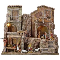 Belén iluminado completo con estatuas Landi con casas y tiendas