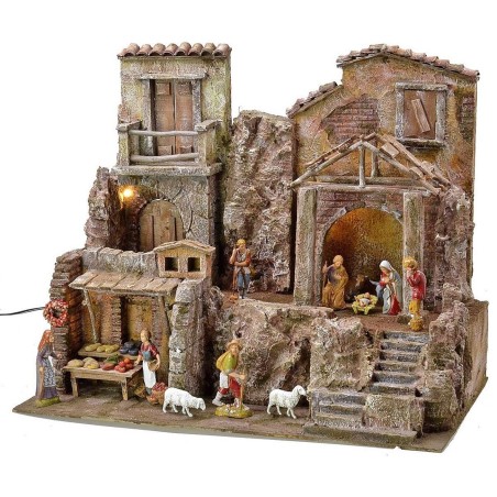 Belén iluminado completo con estatuas Landi con casas y tiendas