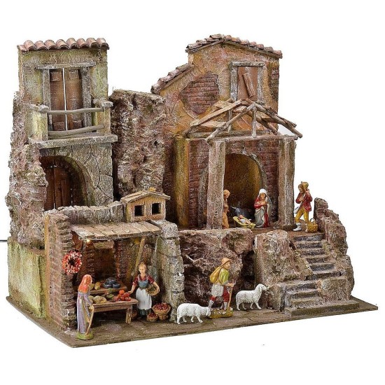 Presepe illuminato completo di statue Landi con case e botteghe