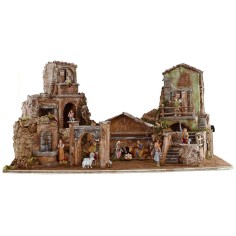 Belén iluminado completo con estatuas Landi con casas y fuente