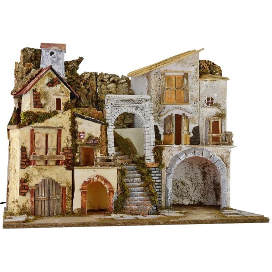 Illuminated nativity scene with village and cave cm 60x34x45 h