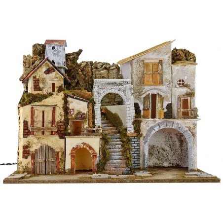 Presepe illuminato con borgo e grotta cm 60x34x45 h Mondo