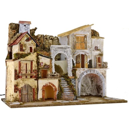 Presepe illuminato con borgo e grotta cm 60x34x45 h Mondo