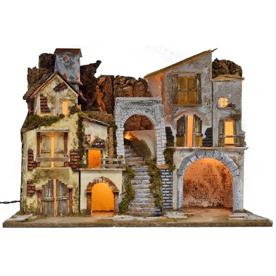 Illuminated nativity scene with village and cave cm 60x34x45 h