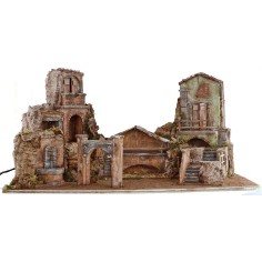 Belén iluminado con casas y fuente funcional de 80x40x41 cm h
