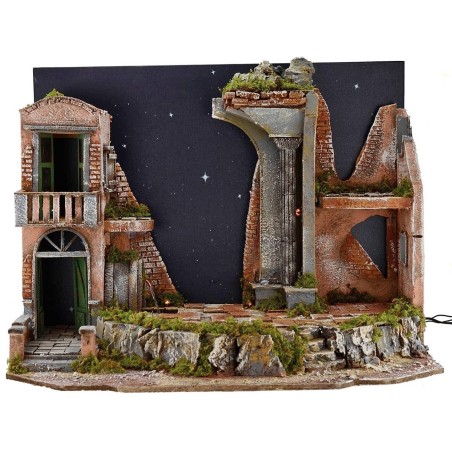 Belén iluminado con cielo estrellado de fibra óptica, fuente.