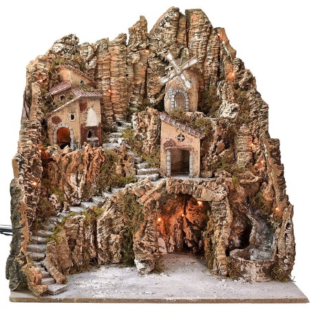 Presepe illuminato con mulino a vento, cascata e forno