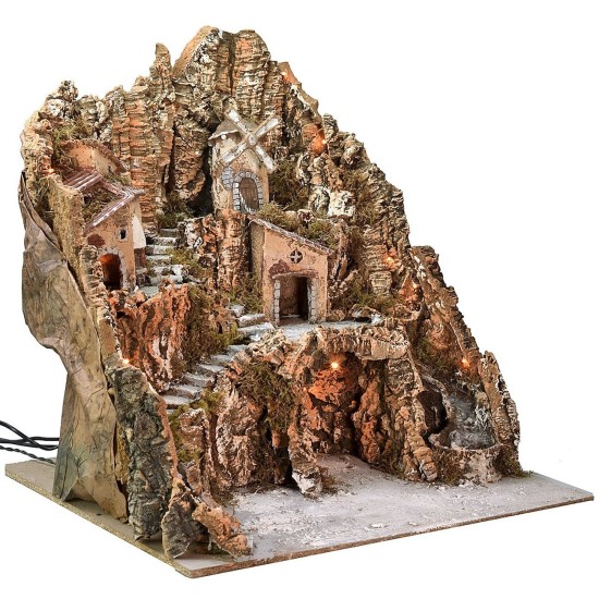 Enlightened presepe with windmill, waterfall and furnace