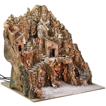Presepe illuminato con mulino a vento, cascata e forno