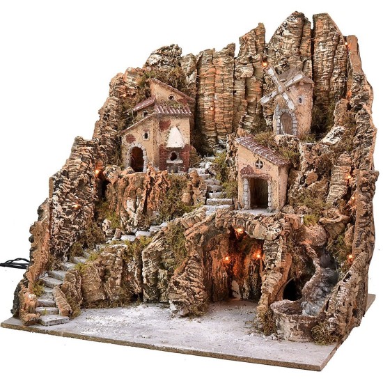 Presepe illuminato con mulino a vento, cascata e forno