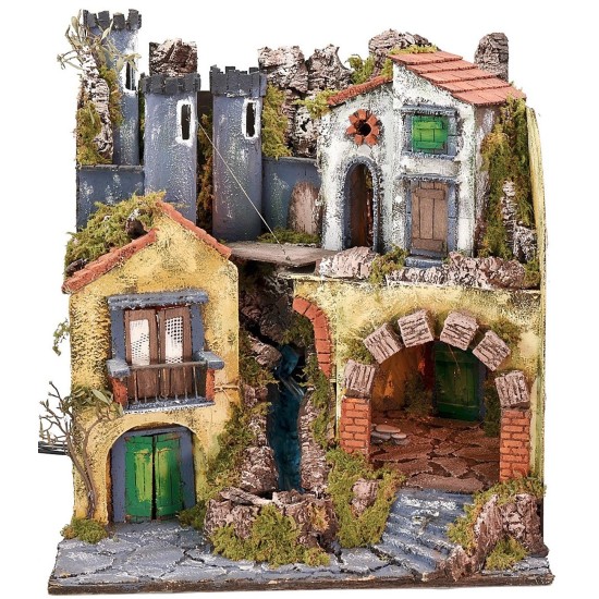 Belén napolitano iluminado con puente levadizo en movimiento y