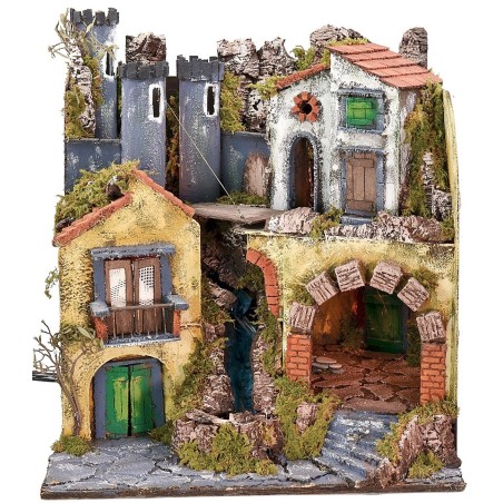 Illuminated Neapolitan nativity scene with moving drawbridge