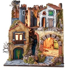 Presepe napoletano illuminato con ponte levatoio in movimento e 2