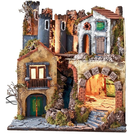 Illuminated nativity scene with working drawbridge and