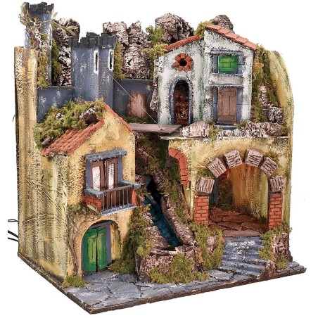 Presepe napoletano illuminato con ponte levatoio in movimento e