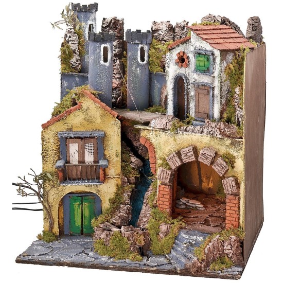 Illuminated nativity scene with working drawbridge and