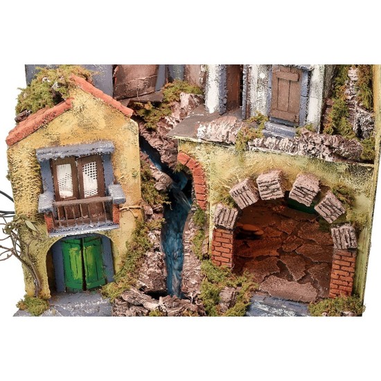 Presepe napoletano illuminato con ponte levatoio in movimento e