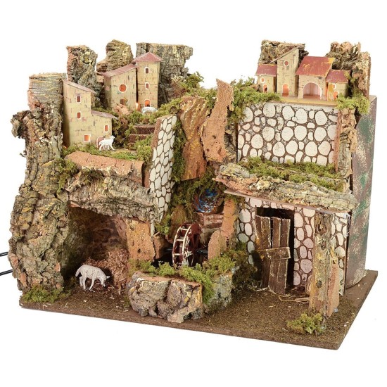 Scenografia per presepe illuminata con mulino ad acqua