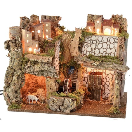 Illuminated village with working water mill cm 45x30x37.5 h