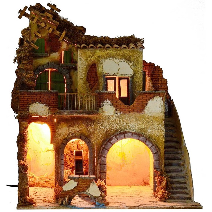 Illuminated village with working water mill and windmill cm