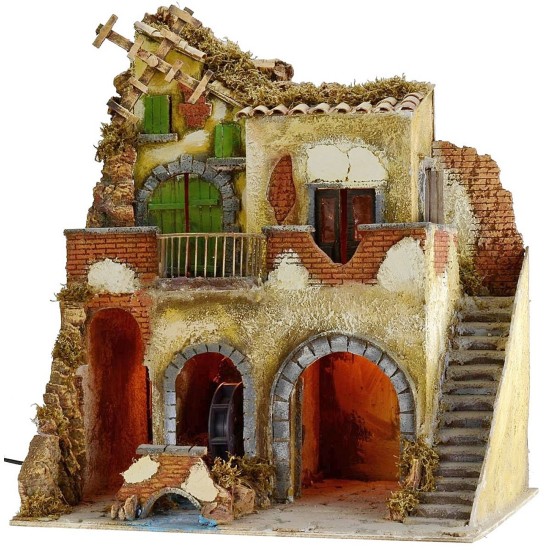 Borgo iluminado con molino de agua y de viento funcionando cm