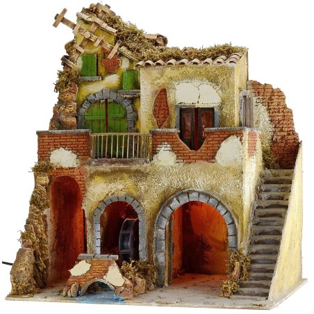 Borgo iluminado con molino de agua y de viento funcionando cm