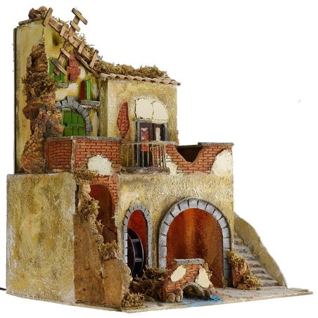 Borgo illuminato con mulino ad acqua ed a vento funzionanti cm