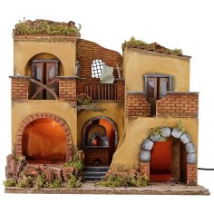 Pueblo pesebre iluminado con fuego funcionando cm 50.5x40.5x46 h