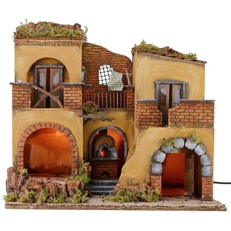 Illuminated nativity village with working fire cm 50,5x40,5x46 h