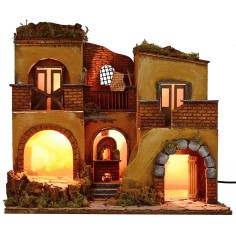 Illuminated nativity village with working fire cm 50,5x40,5x46 h 2