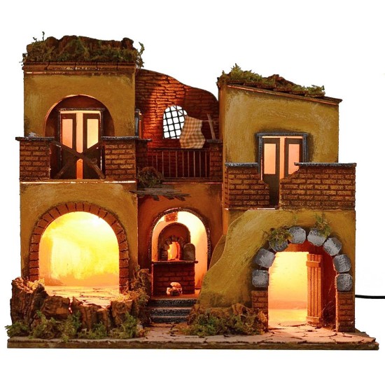Illuminated nativity village with working fire cm 50,5x40,5x46 h