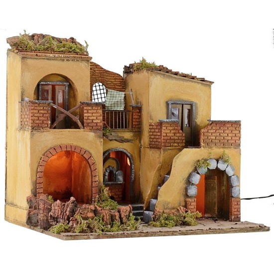 Illuminated nativity village with working fire cm 50,5x40,5x46 h