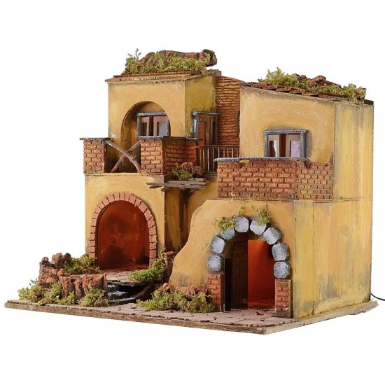 Illuminated nativity village with working fire cm 50,5x40,5x46 h