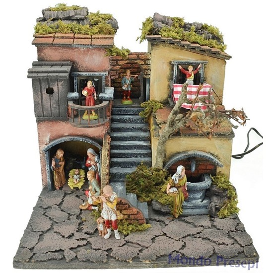 Nativity scene 30x30 cm with statues, illuminated with working fountain