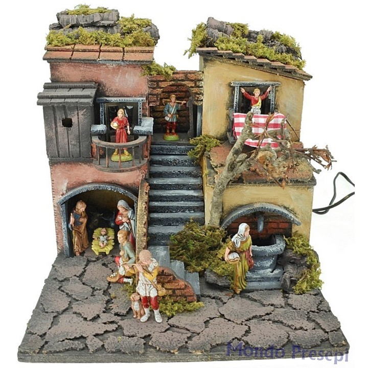 Pesebre de 30x30 cm con estatuas iluminado con fuente funcionando