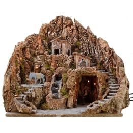 Nativity scene cm 52x55x48 h with waterfall, donkey with millstone, and lights